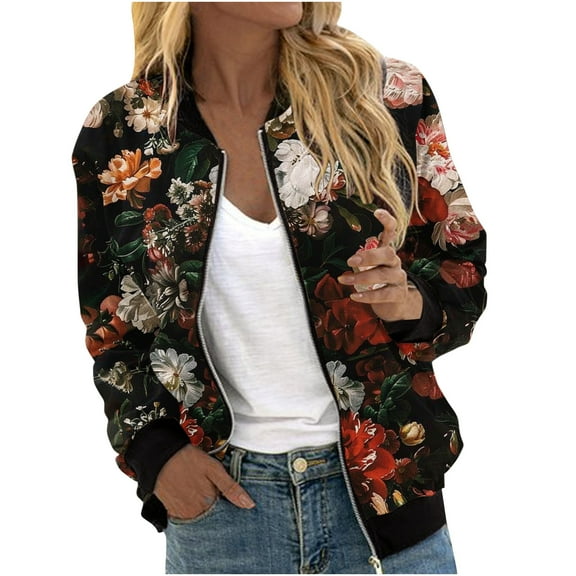 Enjoytime Light Jackets for Women Floral Printed Long Sleeve Zip Up Coat Fashion Casual Trendy Outerwear Black XL