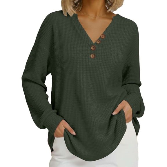 Womens Waffle Fall Clothes, Long Sleeve Pullover for Women Spring Fashion Solid Color V Neck Sweatshirts with Buttons