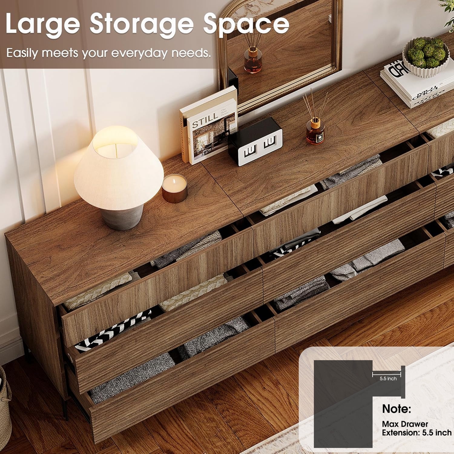 Modern 6 Drawer Dresser TV Stand for TVs up to 75 Inch, Reeded Entertainment Center, Wood TV Console with Storage for Living Room