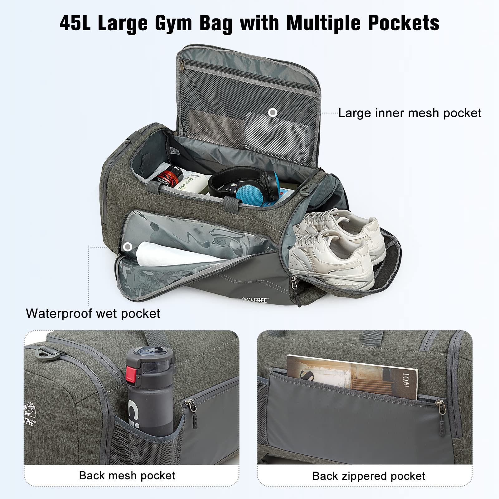G4Free Sports Travel Duffel Bag 45L/60L with Shoe Compartment and Wet Pocket for Men and Women