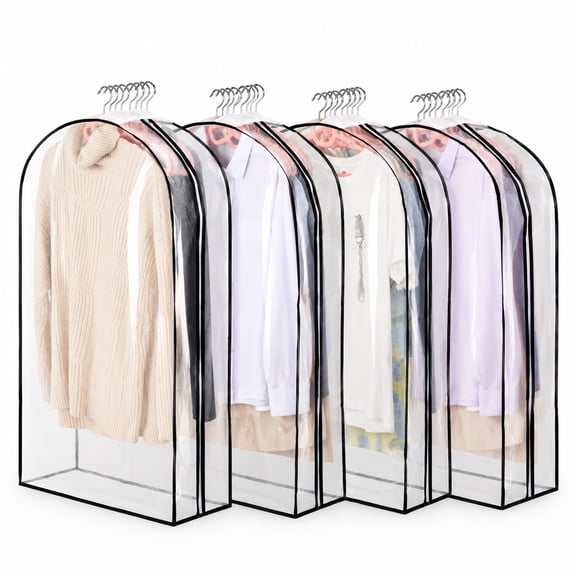 LUIISIS 4 Pcs Clear Garment Bags for Hanging Clothes, Durable Suit Covers for Closet Storage, Waterproof Plastic Clothes Bags for Coat, Dress, Shirt