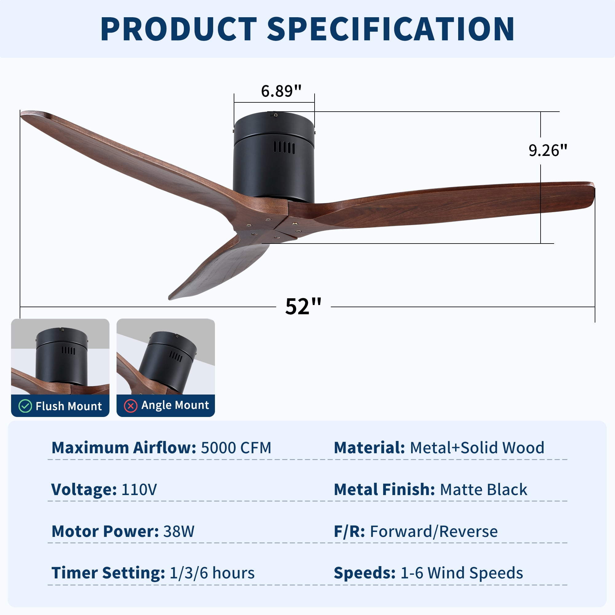 Leumius 52" Indoor Farmhouse Rustic Ceiling Fan Matte Black with 3 Solid Wood Blade Remote Control Reversible DC Motor for Living Room Bedroom