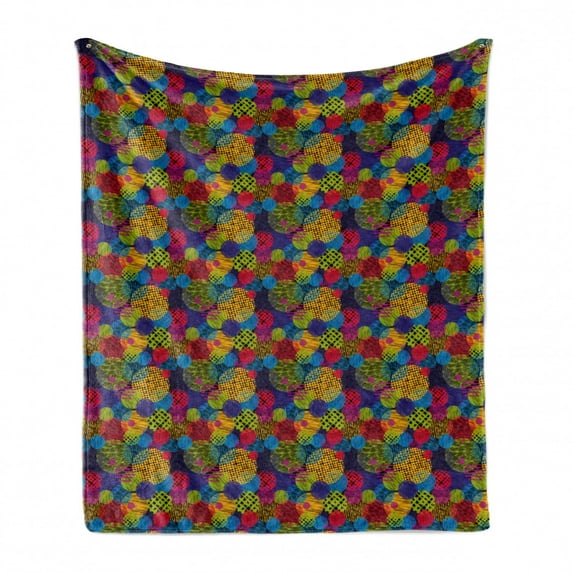 Abstract Soft Flannel Fleece Blanket, Hand Drawn Circles Grunge Style Surreal Designs Checkered Swirled Colorful Pattern, Cozy Plush for Indoor and Outdoor Use, 60" x 80", Multicolor, by Ambesonne