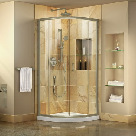 Based White Kit - DreamLine Prime 36 in. x 74 3/4 in. Semi-Frameless Clear Glass Sliding Shower Enclosure in Brushed Nickel with White Base Kit