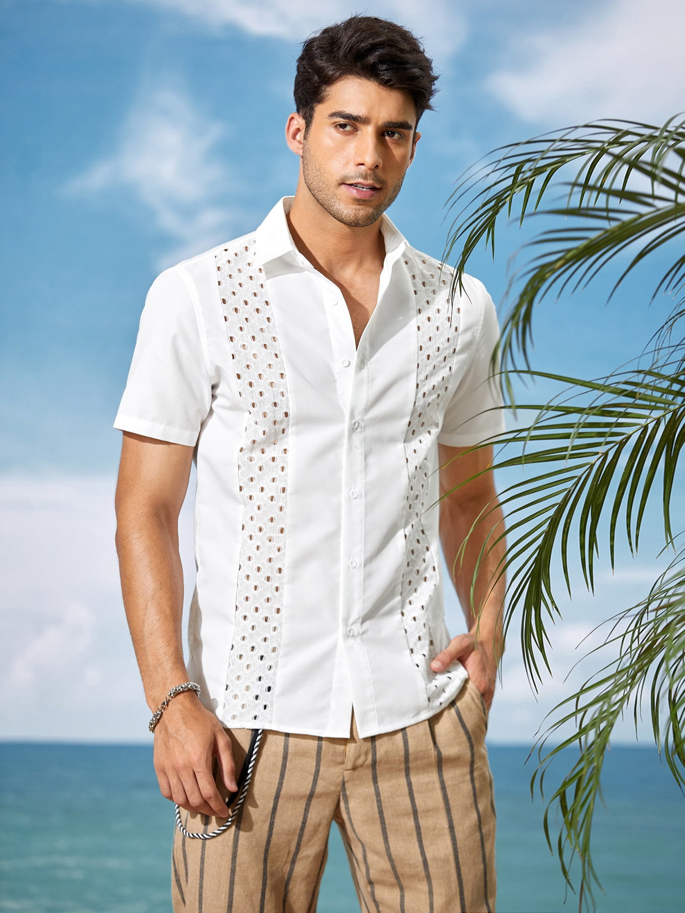 Men Eyelet Detail Button Front Shirt 