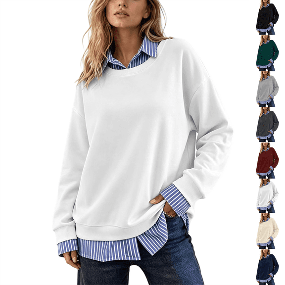 Mock Neck Sweatshirt Nelozsy Women's Fake Two Piece Striped Sweatshirt Long Sleeve Fall For 2026 White XL