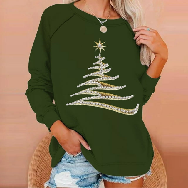 Meichang Christmas Sweatshirts for Women Raglan Shirts Trendy Xmas Tree Graphic Sweatshirts Fall Winter Crew Neck Pullover Tops