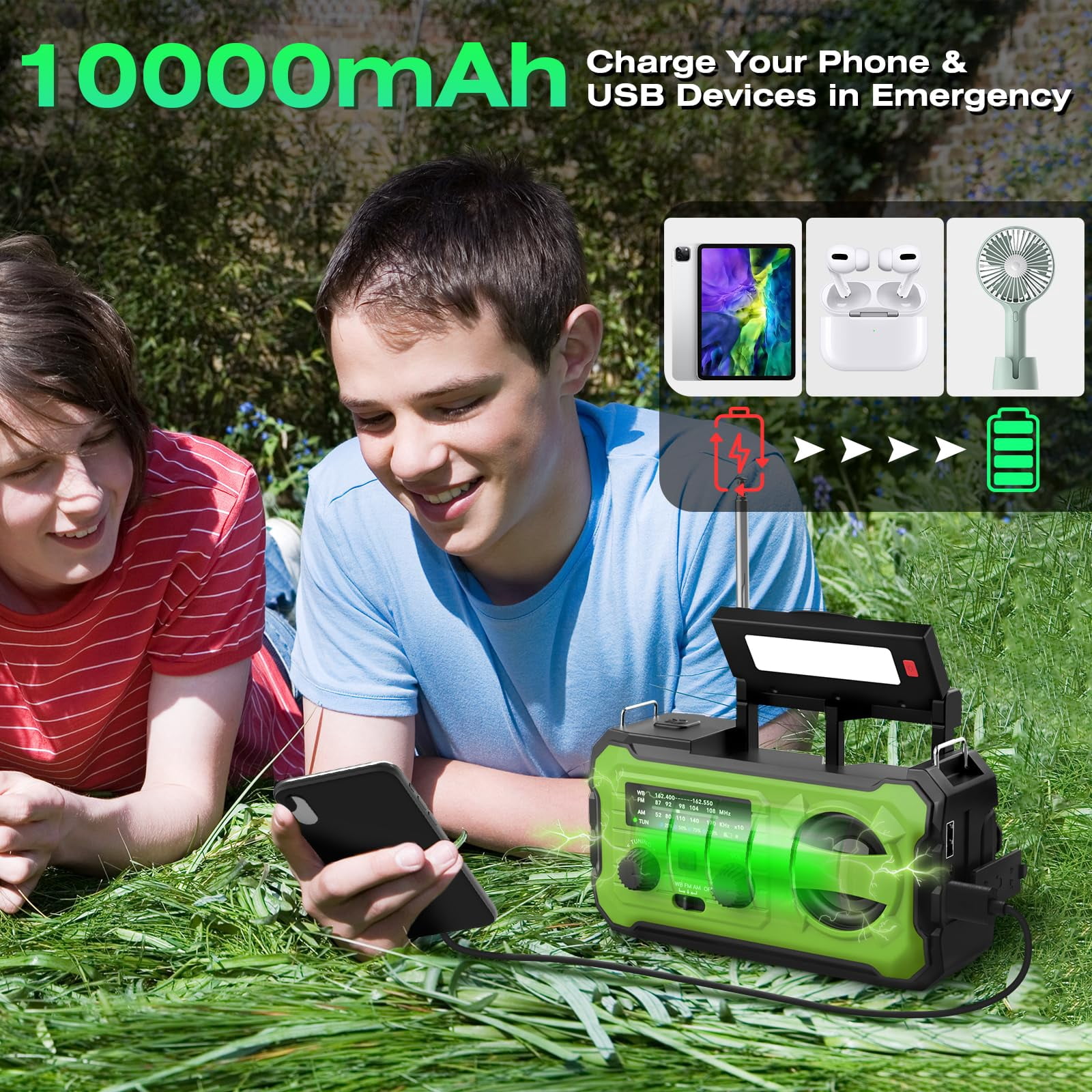 Emergency Weather Radio 37000mwh Solar Hank Crank Usb Charged With Noaa/am/fm  Flashlight Reading Light Sos Alarm For Kit Indoor Outdoor Power Outage