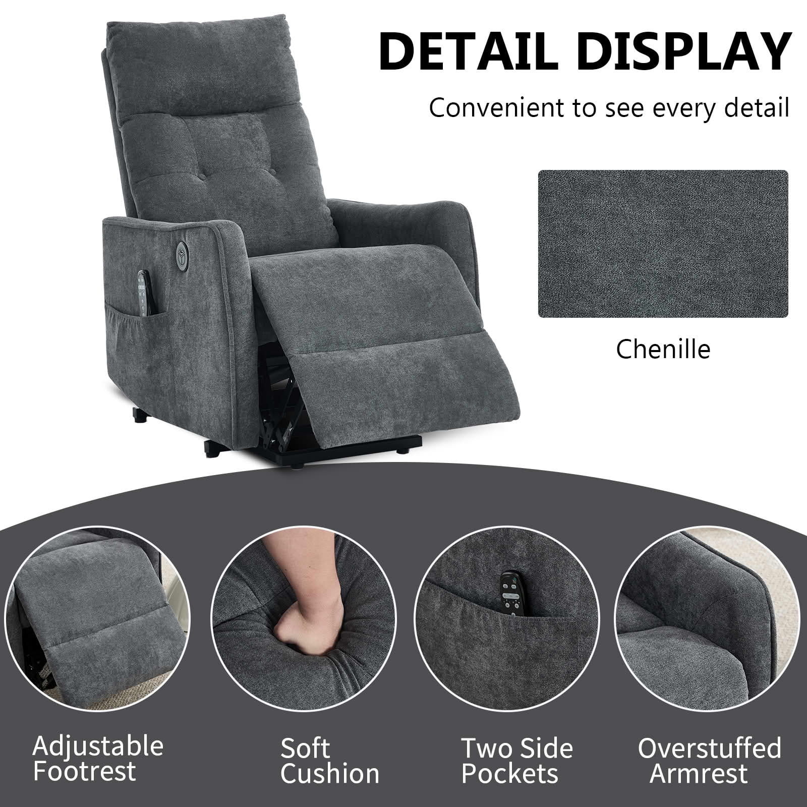 MAYEERTY Grey Chenille Power Lift Recliner Chair, Massage Heat USB Port 25"x36"x39" for Elderly