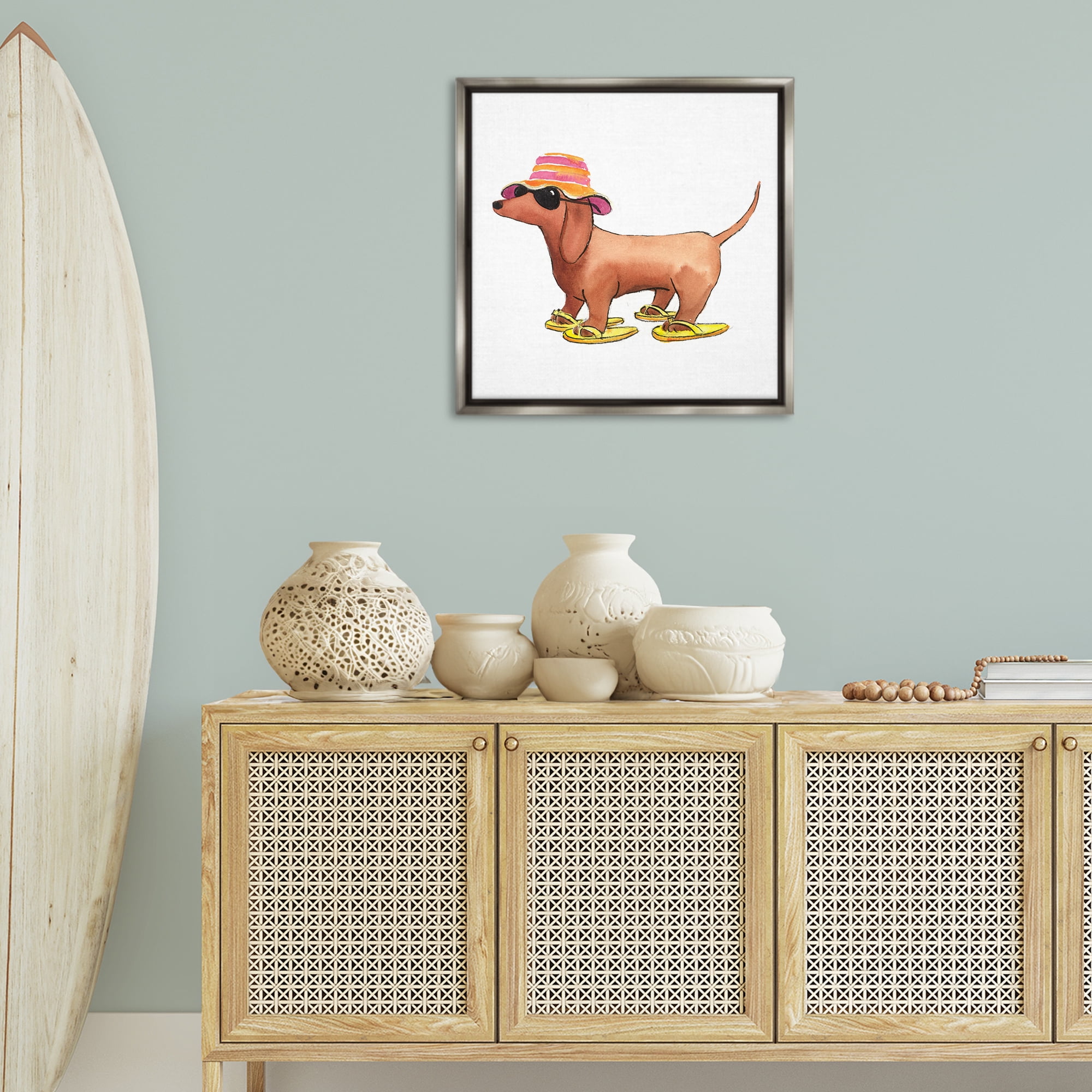 Stupell Industries Beach Dog Flip Flops Animals Painting Gray Floater Framed Canvas Art Print Wall Art, 25 x 25