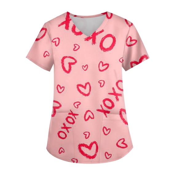 Valentine Day Scrub Tops for Women Love Heart Print Short Sleeve Nursing Medical Scrub Tops Plus Size V Neck Quick Dry Workwear with Pockets Light pink 4XL