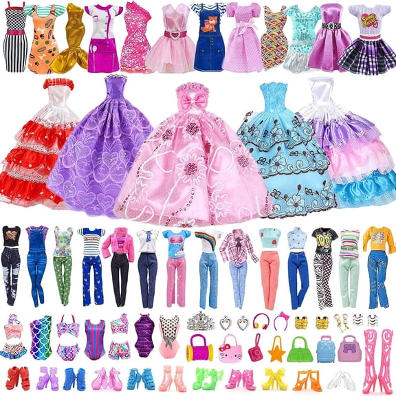 Cfowner 50 Pcs Doll Clothes Outfit for 11.5 Inch Doll, Doll Accessories Collection with 3 Princess Dresses 10 Dressest 6 Tops 6 Pants 5 Bikinis 5 Accessories 5 Bags 10 Shoes(Random Style)