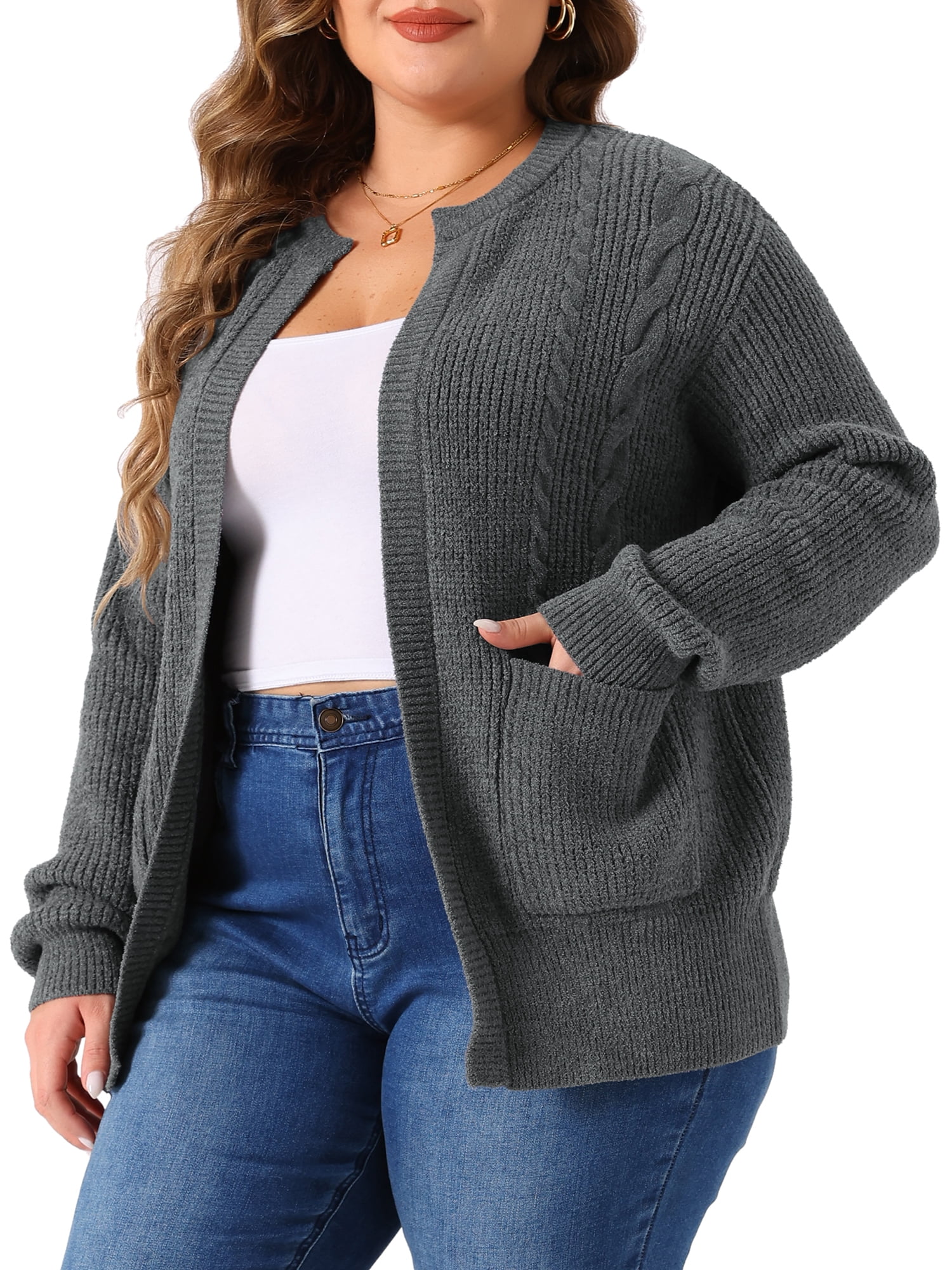 DARING DIVA Women's Plus Long Sleeve Crew Neck Knit Cardigans 4X Gray