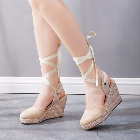 

ZHELIYO Women s sandals Women Bohemian Canvas Lace Up Sandals Thick Soled Ethnic Style Wedge Shoes Khaki 8.5