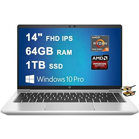 HP ProBook 445 G8 Wolf Pro Security Edition 14 Laptop 14" FHD IPS Narrow Bezel Display AMD Hexa-Core Ryzen 5 5600U (Beats i7-1160G7) 64GB RAM 1TB SSD Backlit USB-C Win10Pro Silver + HDMI Cable