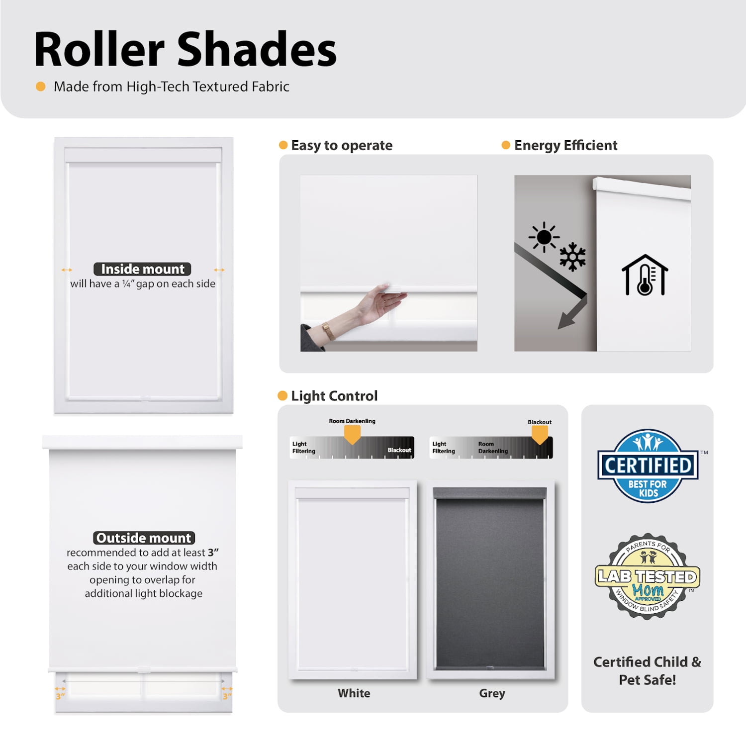 Regal Living Cordless Blackout Polyester Roller Shades, Gray - 58" W x 72" L