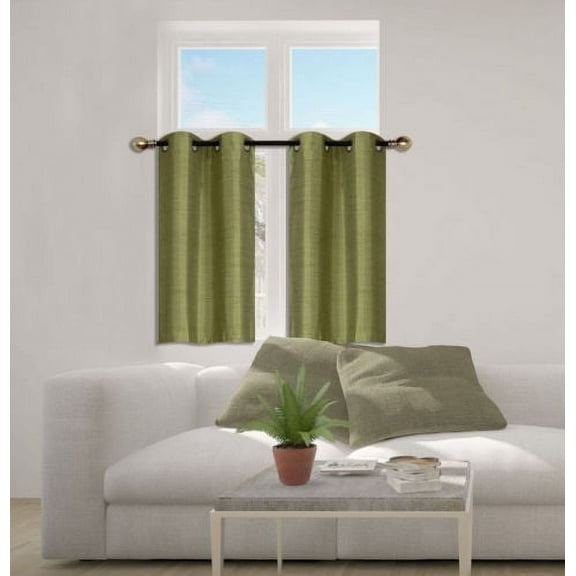N25 Lime Green 1-Set Solid Faux Silk Grommet Top Small Window Curtain, 2 Semi Sheer Tier Panels 30" W x 36" L (Each Tier)