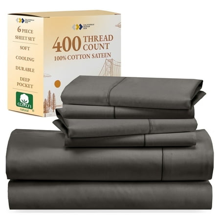 California Design Den King Sheets Set - 400 Thread Count 100% Cotton Sateen - Deep Pocket - Cooling - Breathable 6 Piece Adult/Teen Bed Sheet Set Grey