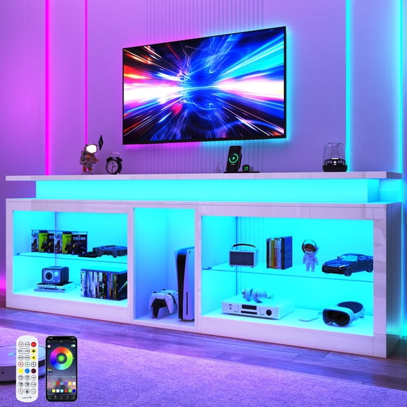 ChVans 80.7" Modern LED TV Stand for TVs up to 90" with LED Lights & Outlet, High Gloss Entertainment Center with Open Shelves Storage, Media Console TV Stands for Living Room, Game room, Bedroom