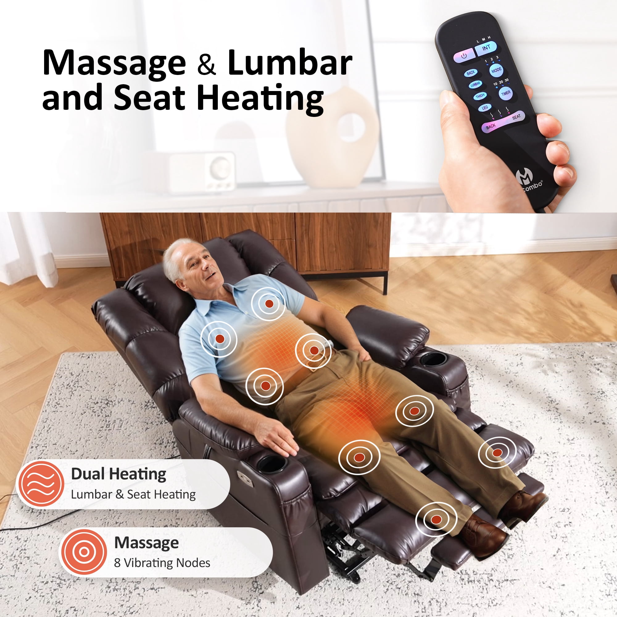 MCombo Large Triple Motor Power Lift Recliner Chair for Tall Elderly, Faux Leather, Dark Brown