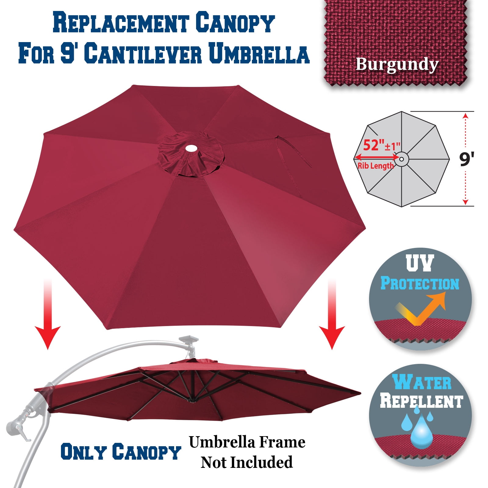 Sunrise 9ft, 8rib Umbrella Top Cover Canopy Patio Replacement Canopy