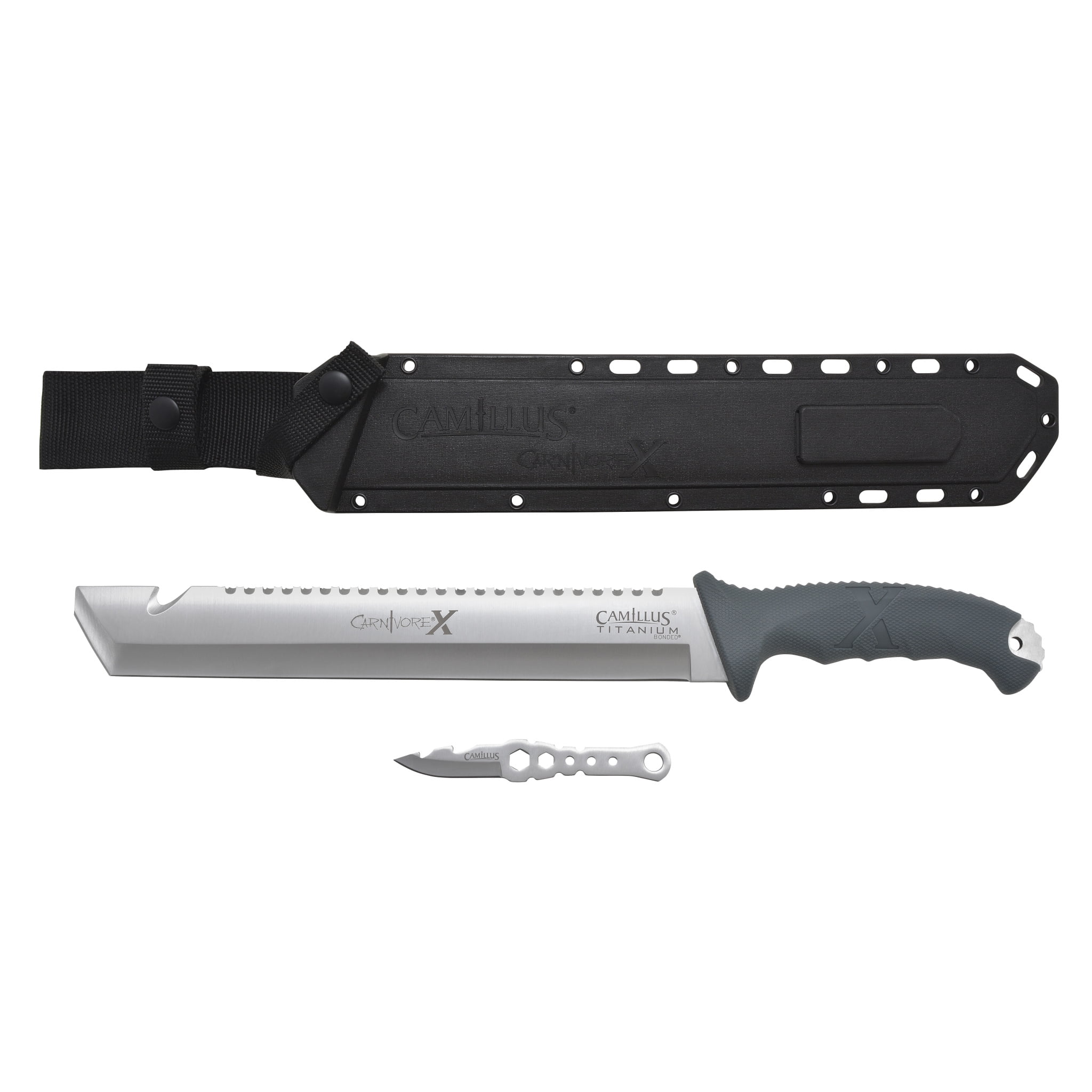 Camillus Carnivore-X 18" Machete, 12" Cutting Blade, 10" Saw, Gray Handle, Molded Sheath, Bonus Trimming Blade