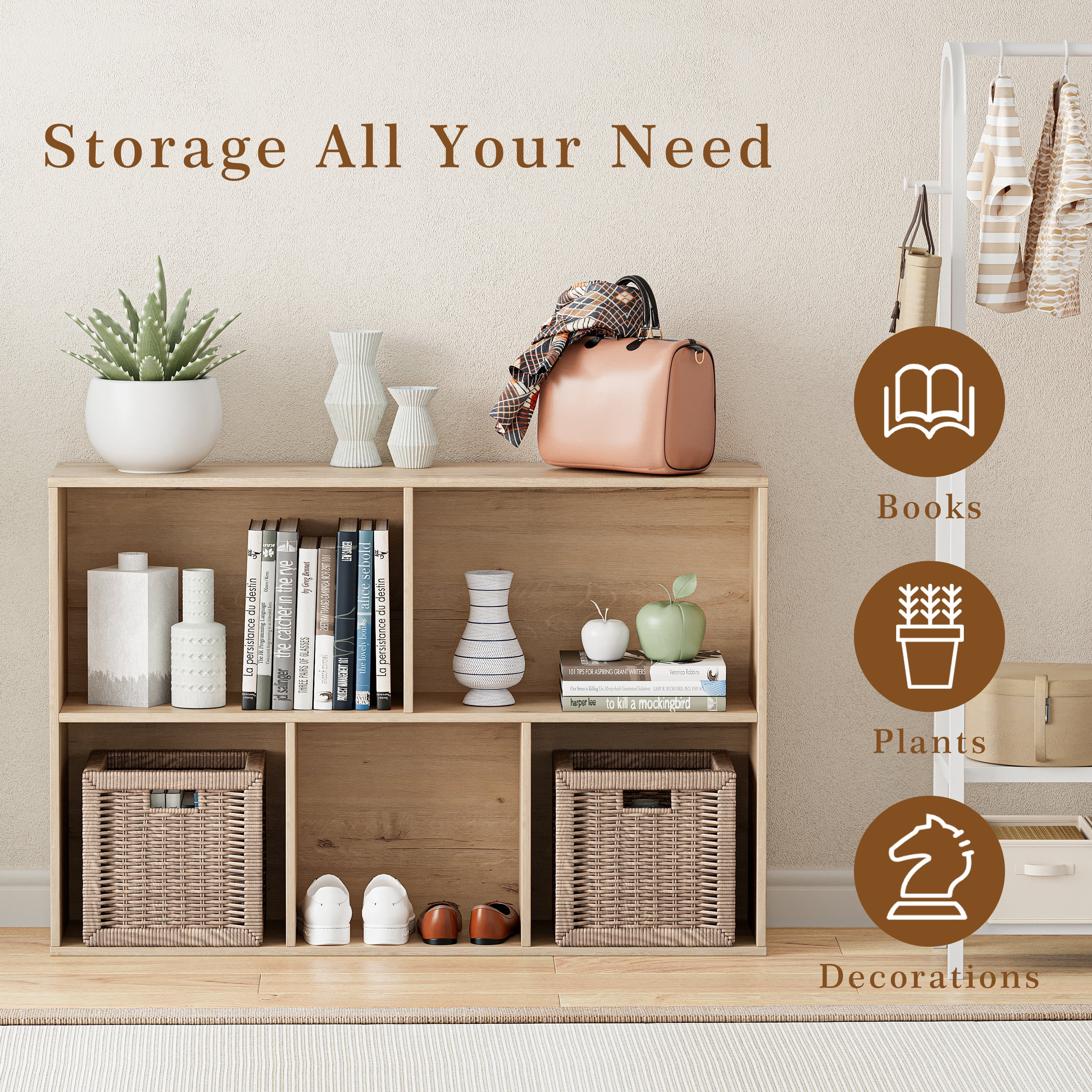 Anhdah 5 Cube Storage Organizer, Cube Bookcase Closed Back Panel Bedroom, Living Room, Home Office, Closet Bookshelves White Oak