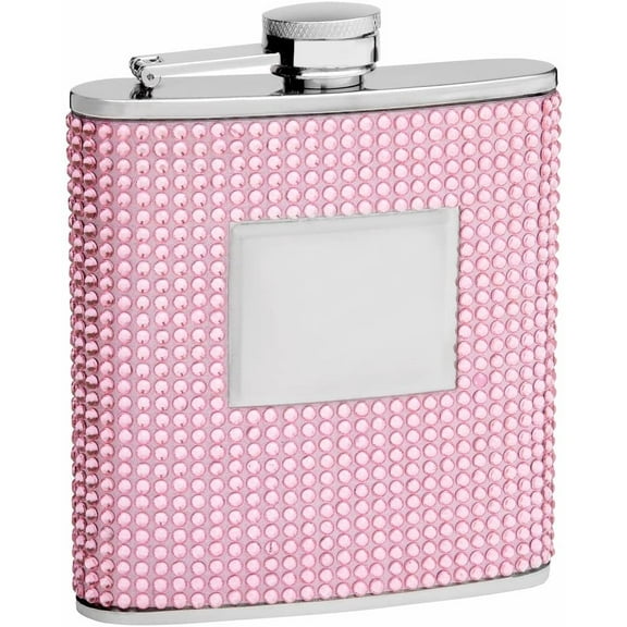 Hip Flask Holding 6 oz - Beaded Rhinestone Design - Pocket Size Stainless Steel Rustproof Screw-On cap