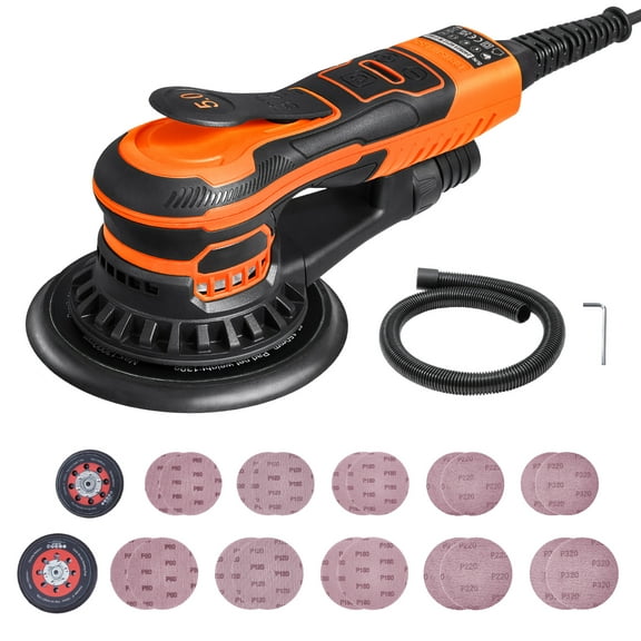 KFFKFF Dual-Size Orbital Sander,5 & 6-Inch,350W Brushless,10,000 PRM with 6 Adjustable Speeds, Electric Hand Sander.Comes with 20 Sandpapers,Dust Connector & Hose. Ideal for Detailed Woodwork Sanding