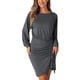 thumbnail image 1 of Vestido mini casual de manga larga con cordón y fruncido de cuello redondo para mujer INSPIRE CHIC gris L, 1 of 1