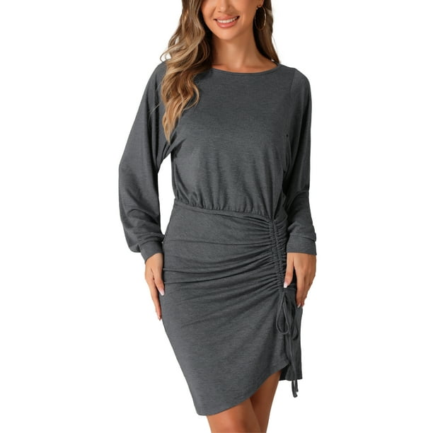 Vestido mini casual de manga larga con cordón y fruncido de cuello redondo para mujer INSPIRE CHIC, gris M