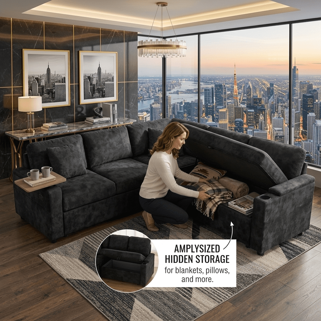 EPOWP 81" Modular Sectional Sleeper Sofa, L Shaped 5-Seater Couch with Pull Out Bed, Large Storage Chaise, USB Charging Ports & Cup Holders, Chenille Sofa Bed for Living Room, Black