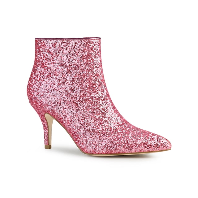 Unique Bargains Women's Glitter Point Toe Stiletto Heels Ankle Boots