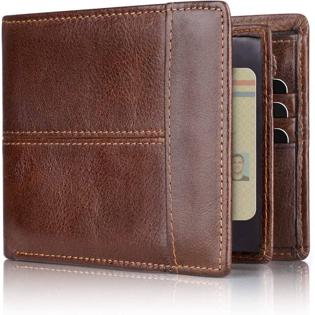 Marrón, Cartera plegable Stander de cuero genuino RFID para hombre con ventana de identificación y 16 tarjeteros JM