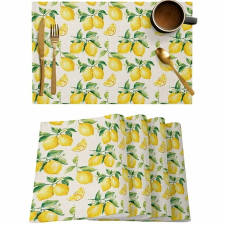 

Watercolor Lemon Green Leaves Placemats Set of 4 Wipeable Washable Table Mats for Dining Tables Retro Linen Place Mats for Kitchen Event Party Tabletop Decor
