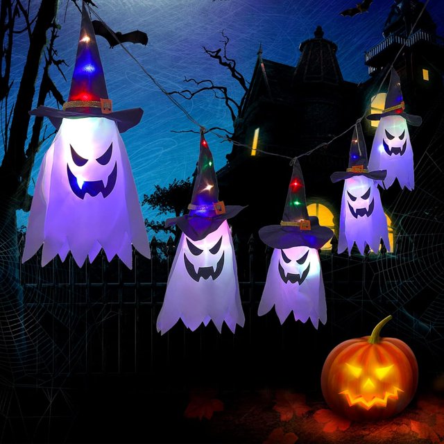 10ft Halloween Outdoor Hanging Ghost, Halloween Wizard Hat Grimace Decoration with Colorful Blinking LED Lights for Halloween Party