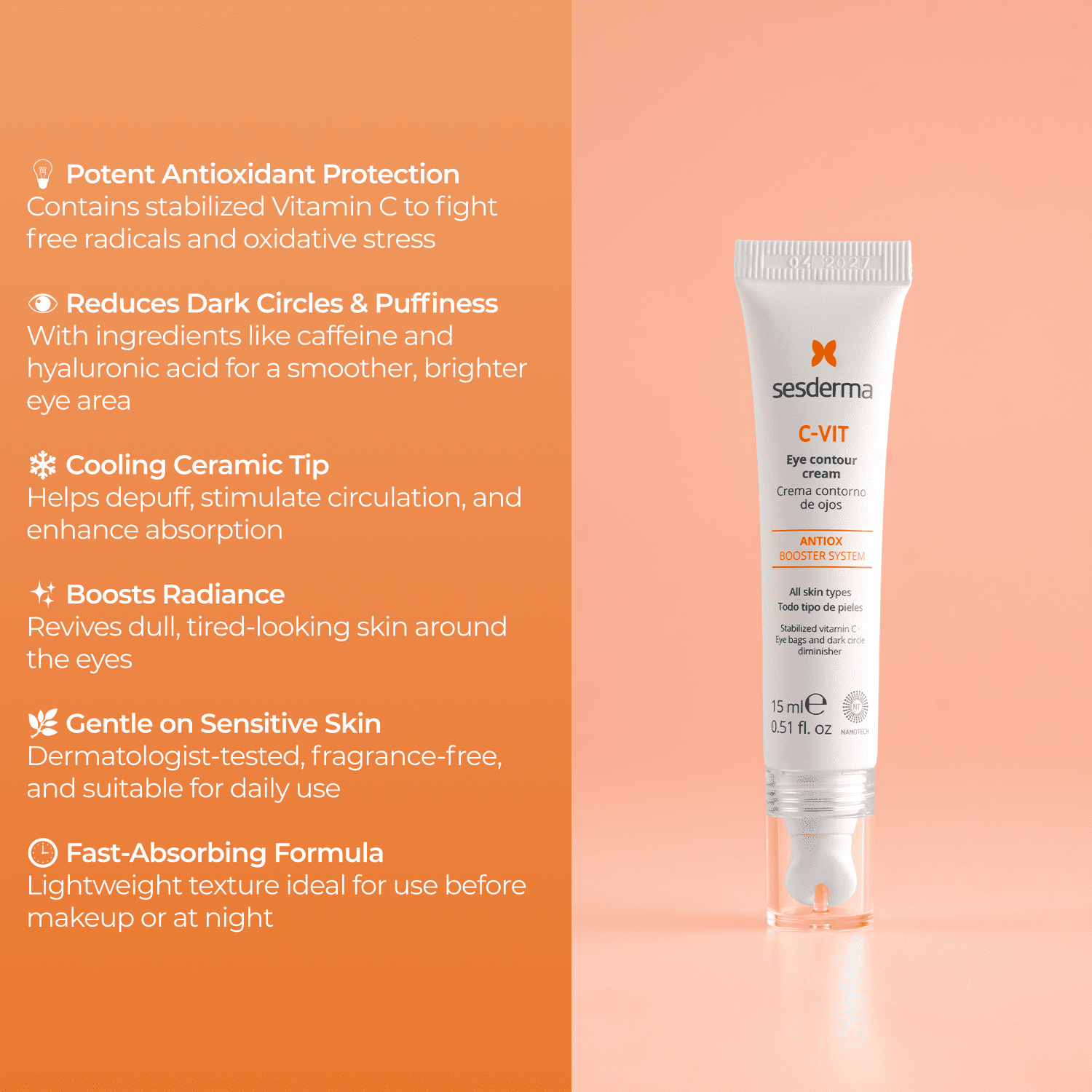 Sesderma C-Vit Ceramic Eye Contour, Brightening Hydrating Eye Cream with Cooling Ceramic Applicator, 0.5 fl oz