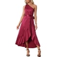 thumbnail image 2 of INSPIRE CHIC Women's Satin Sleeveless One Shoulder Belted Split Ruffle Evening Cocktail Dress Burgundy L, 2 of 5