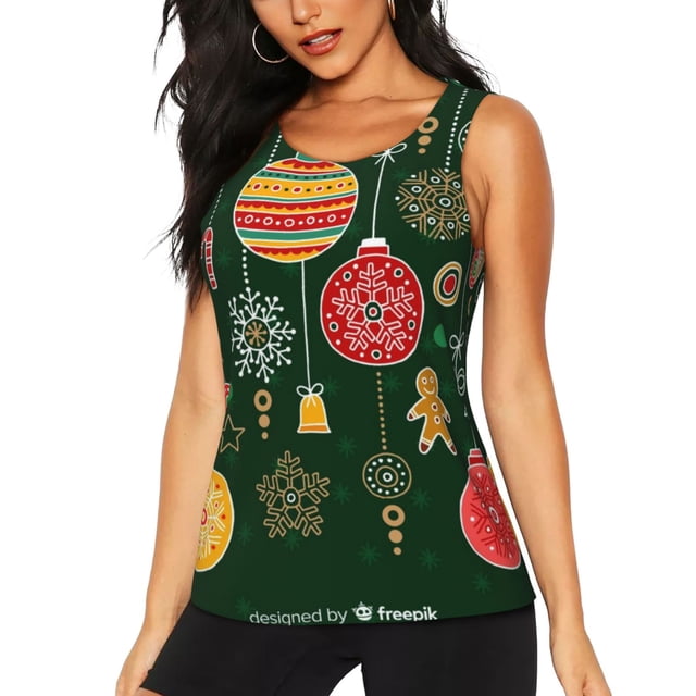 Balery Christmas Camiseta sin mangas estampada ligera para mujer, tops de entrenamiento sin mangas, camisetas de yoga transpirables de secado rápido.-Large