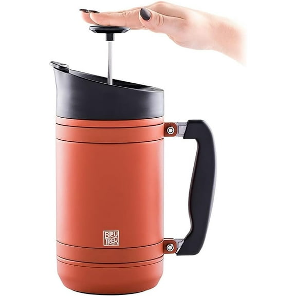 BaseCamp Coffee Press - Double Wall Insulated Stainless Steel - Bru-Stop Technology, No Grounds in Coffee, No Spill Lid (Red Rock, 32 fl.oz)
