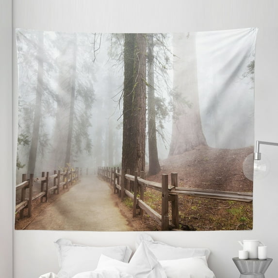 Nature Tapestry, Evergreen Forest and Walkway in Sequoia National Park Foggy Morning Nature Art, Fabric Wall Hanging Decor for Bedroom Living Room Dorm, 5 Sizes, Grey Brown, by Ambesonne