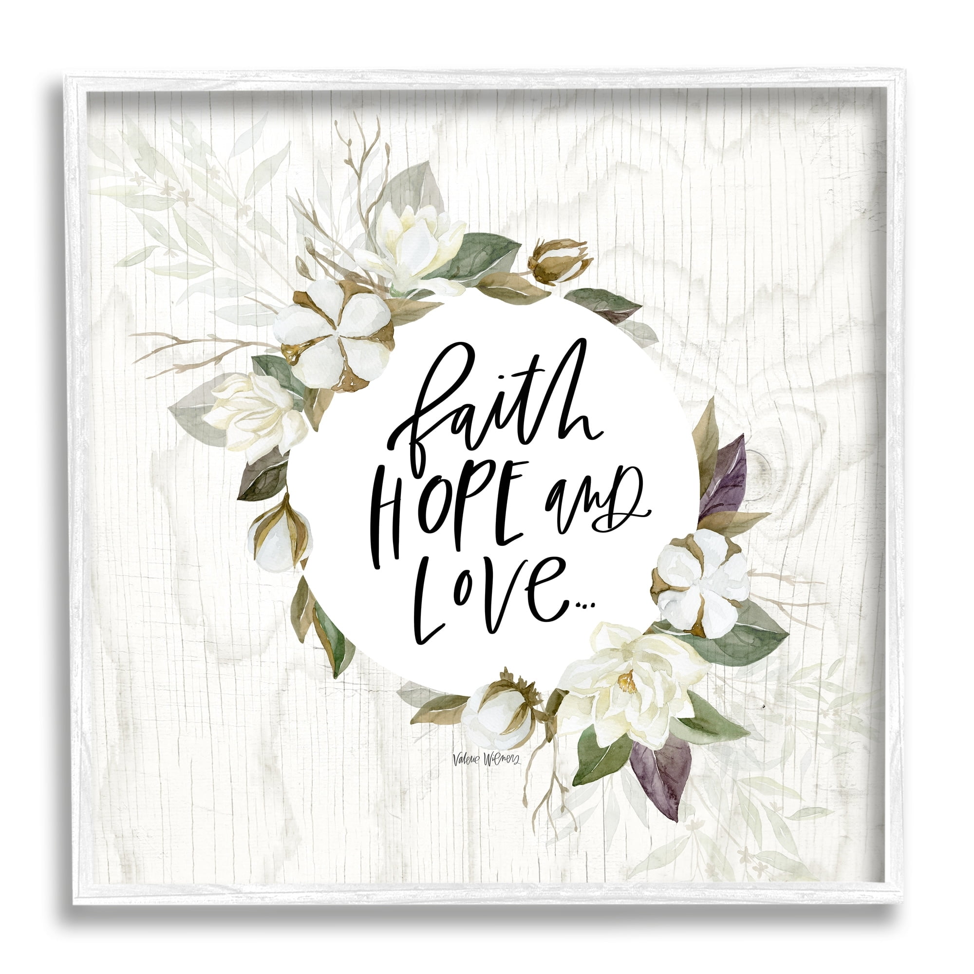Stupell Industries Faith Hope and Love Sentiment Floral Cotton Wreath, 24 x 24,Design by Valerie Wieners