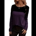 thumbnail image 2 of Camisetas de Punto Gofre para Mujer, Camisetas de Larga con Bloques de Color y Detalle de Botones, Túnicas Negro Púrpura S, 2 of 7