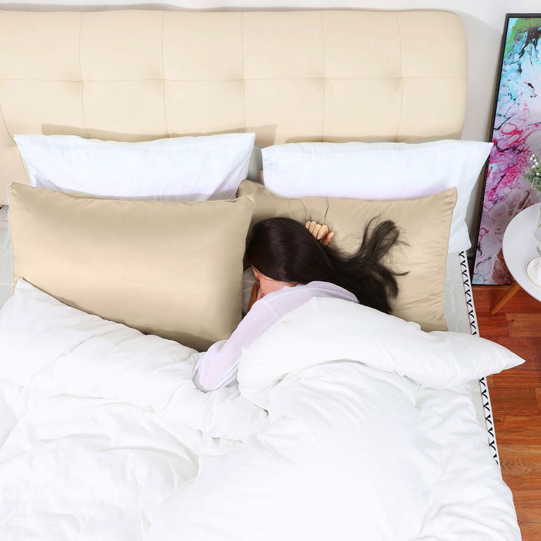 Unique Bargains 4 Pack Satin Pillowcases for Hair and Skin, Light Tan Queen