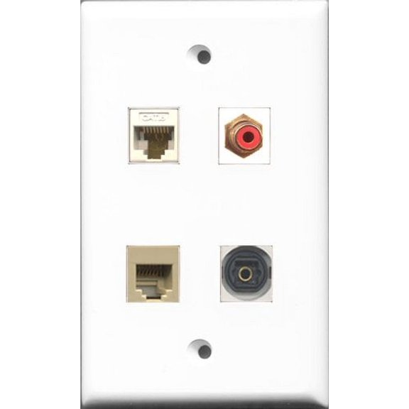 RiteAV 1 Port RCA Red and 1 Port Phone RJ11 RJ12 Beige and 1 Port Toslink and 1 Port Cat6 Ethernet White Wall Plate