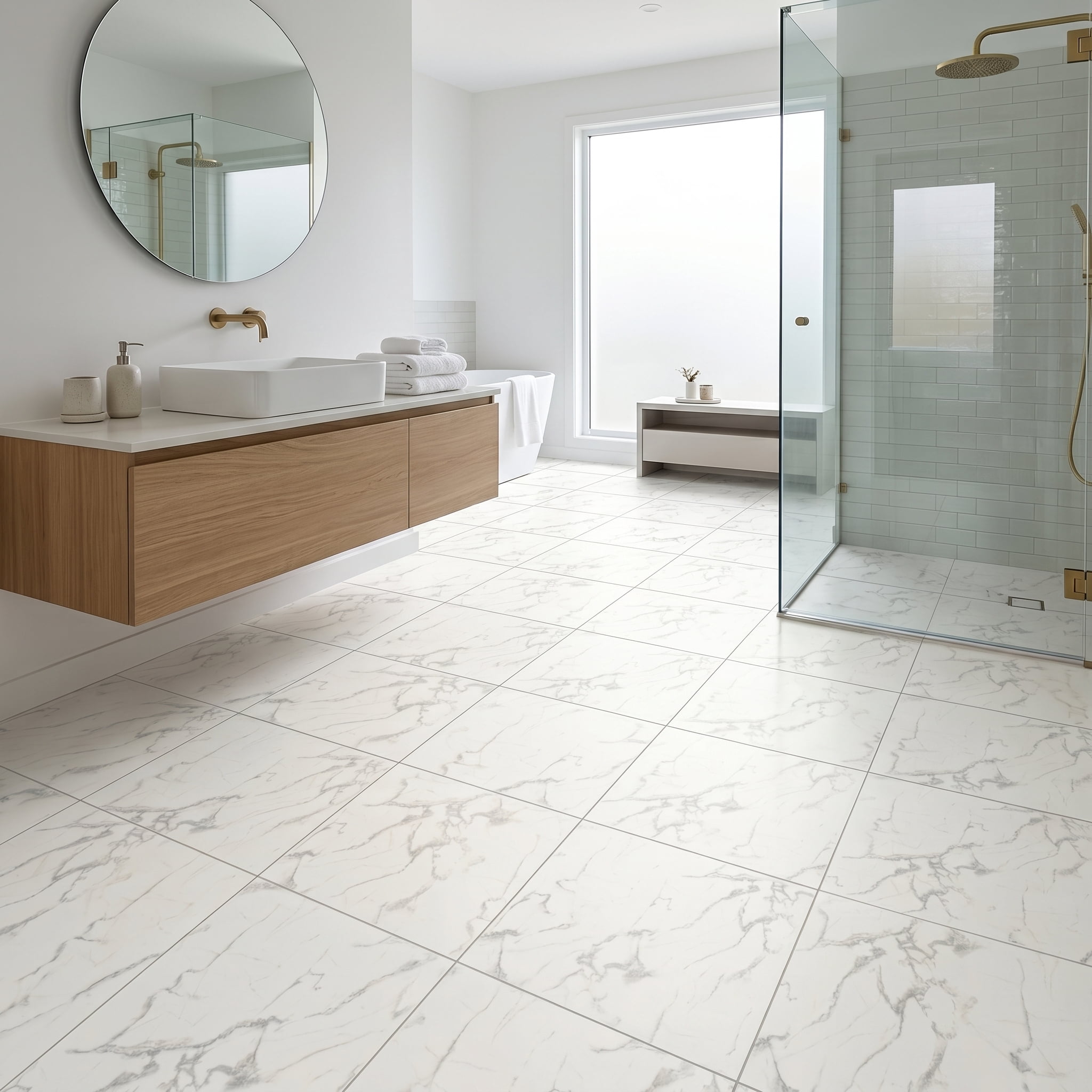 Peel and Stick PVC Vinyl Flooring 20-Pack 24x24 Inch, Self-Adhesive Floor Tiles and Waterproof Flooring for Home Kitchen Bathroom, White Marble Pattern