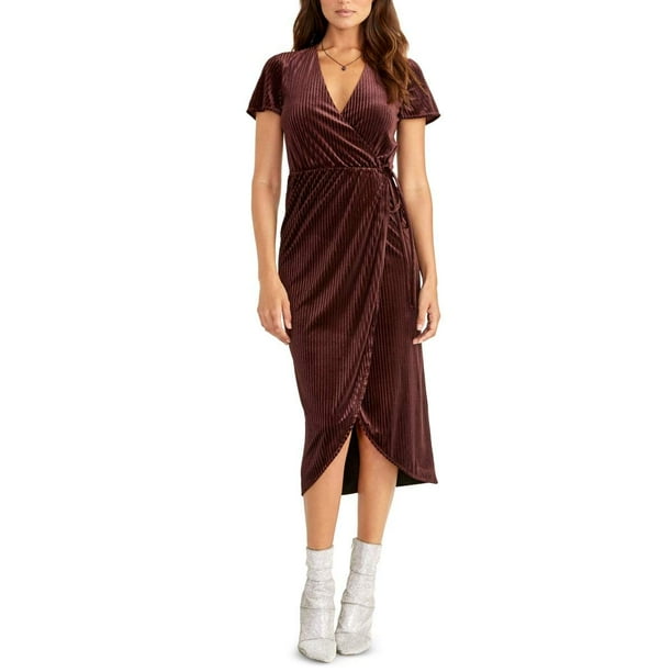 Rachel Roy Womens Burgundy Short Sleeve V Neck Midi Wrap Dress