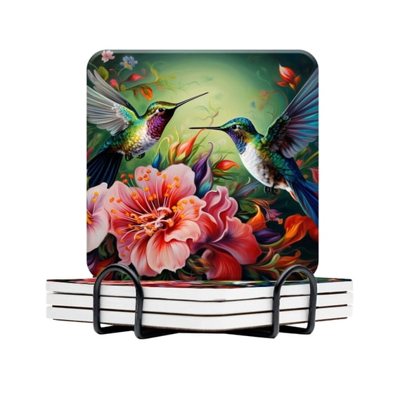 Drink Coasters Set Of 4 With Holder Hummingbirds With Iridescent And Colorful Feathers Flying Around Large Flowers Water Absorbent Ceramic Coasters Tabletop Protection,Suitable For Various Cup