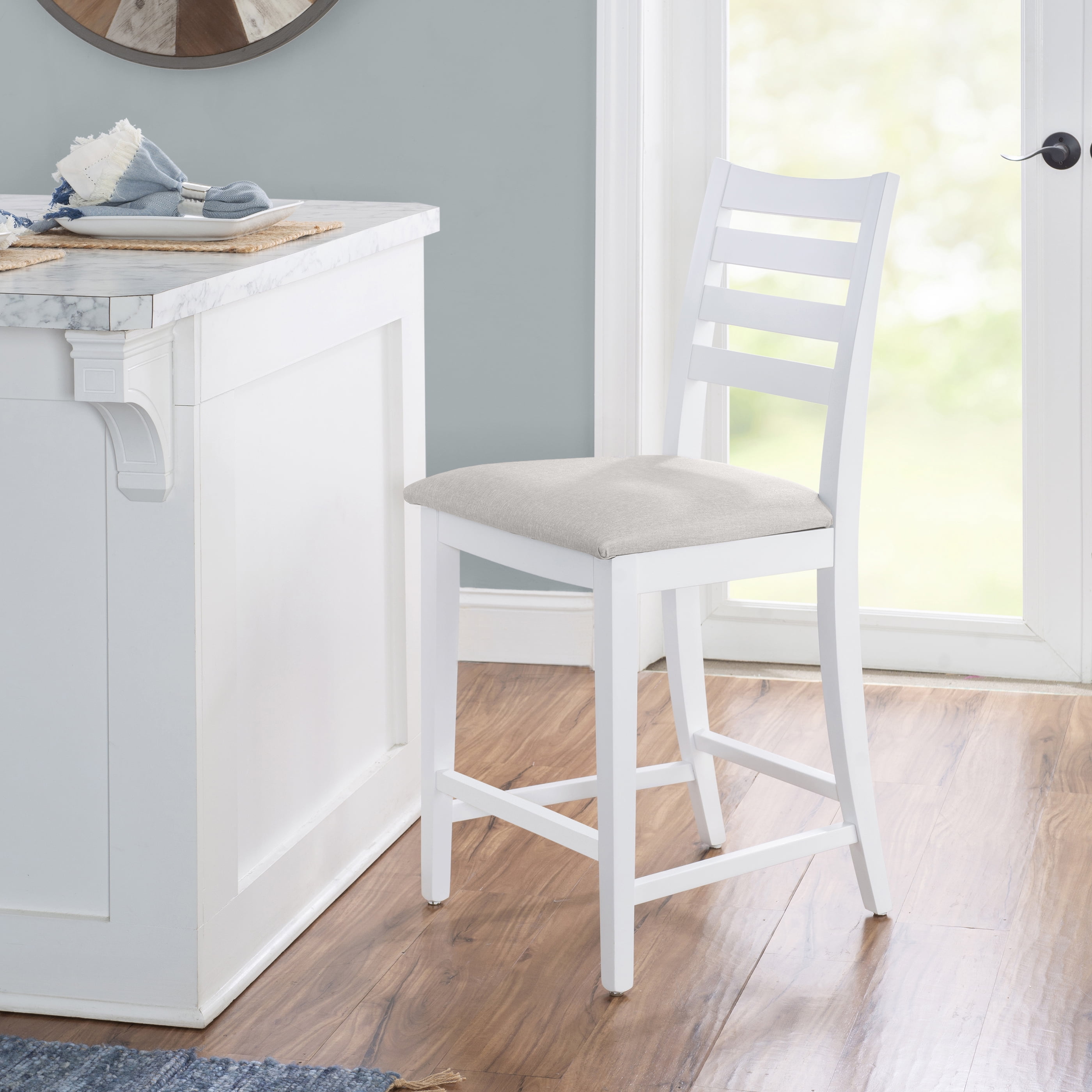 Linon Holdrege 22" High Back Counter Stools, Set of 2, White/Light Gray Faux Leather