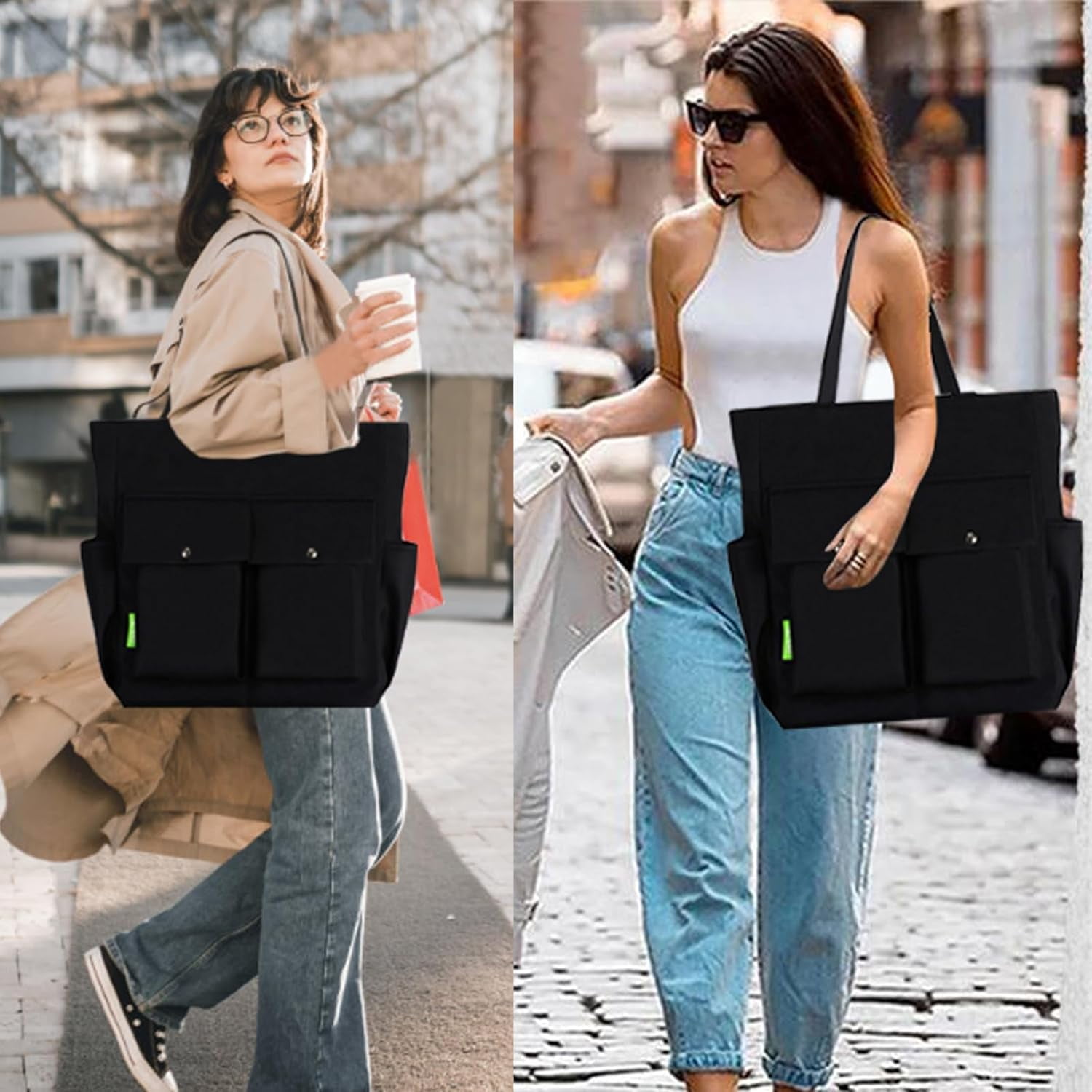 Women Multi Pockets Zipper Waterproof Lightweight Tote Bag Casual Large Shoulder Handbags Cute Canvas College Totes